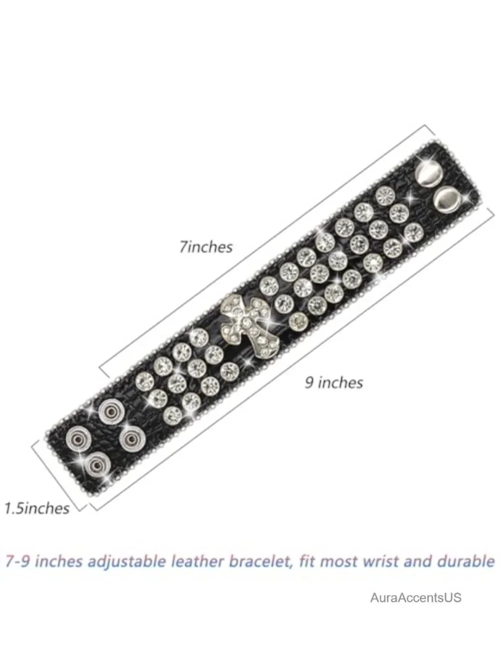 Rhinestone Studded Leather Cuff Bracelet Punk Cross Design Unisex